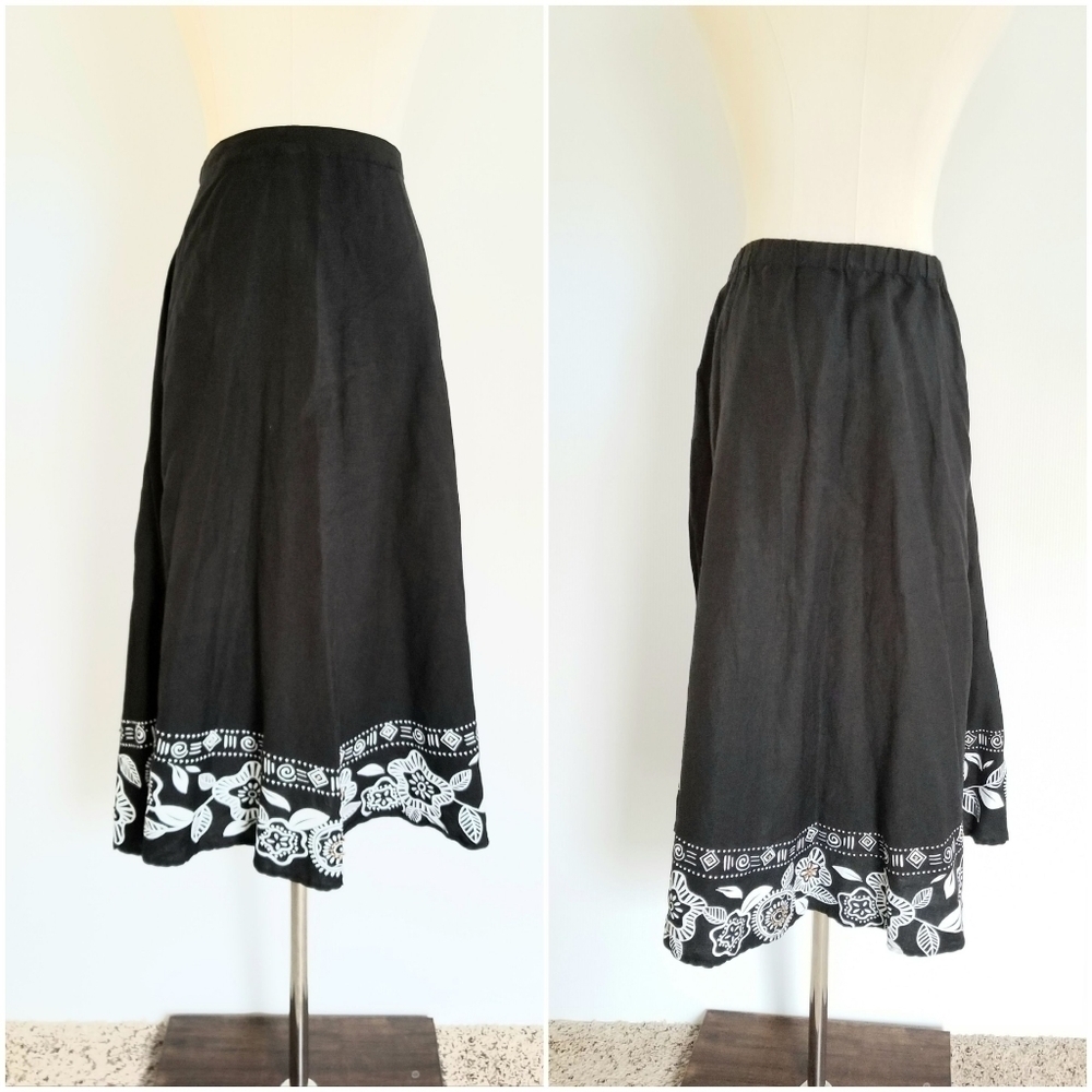 Graff Black Floral Beaded Hem Linen Skirt, size 12